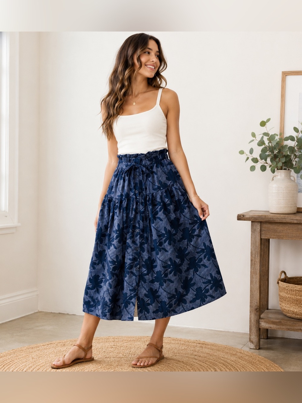 Universal Thread Floral Midi Skirt S Black White Linen Blend Button Front Boho